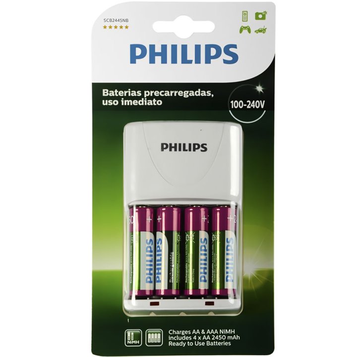 Cargador de Pilas Philips + 4 Pilas AA